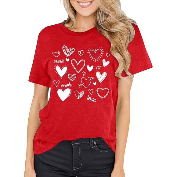 Meesheep Women Red Cute Love Hearts Pull On T shirts Valentines Day Gifts Tops - Picture 2 of 6